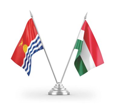 Macaristan ve Kiribati masa bayrakları beyaz arkaplanda izole edilmiş 3d görüntüleme