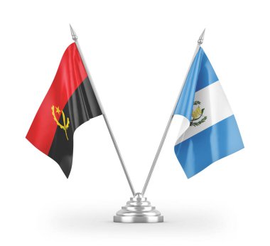 Guatemala ve Angola masa bayrakları beyaz arkaplanda izole edilmiş 3D görüntüleme