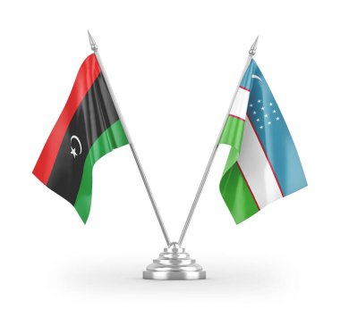 Özbekistan ve Libya masa bayrakları beyaz arkaplan 3D görüntüleme üzerinde izole edildi