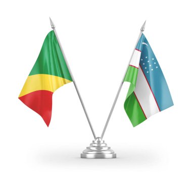 Özbekistan ve Kongo masa bayrakları beyaz arkaplan 3d görüntüleme üzerinde izole edildi 