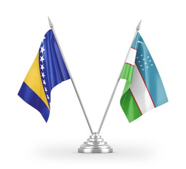 Özbekistan ve Bosna-Hersek masa bayrakları beyaz zemin üzerinde izole edilmiş 3D görüntüleme