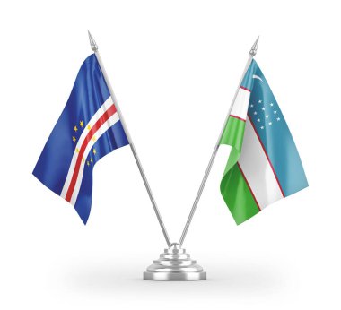 Özbekistan ve Cabo Burnu masa bayrakları beyaz arkaplanda izole edilmiş 3d görüntüleme 