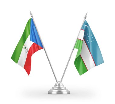 Özbekistan ve Ekvator Gine masa bayrakları beyaz arkaplanda izole edilmiş 3d görüntüleme