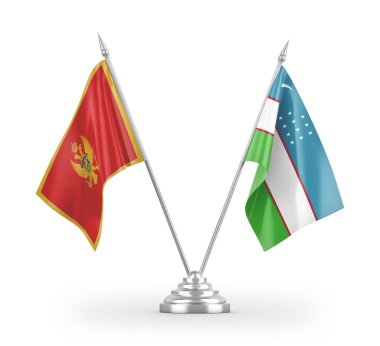 Özbekistan ve Karadağ masa bayrakları beyaz arkaplandaki 3D görüntüleme üzerinde izole edilmiş