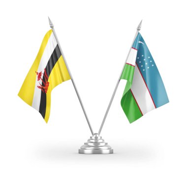 Özbekistan ve Brunei Darussalam masa bayrakları beyaz arkaplanda izole edilmiş 3d görüntüleme