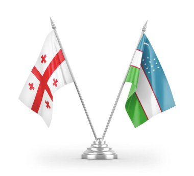 Özbekistan ve Gürcistan masa bayrakları beyaz arkaplandaki 3D görüntüleme