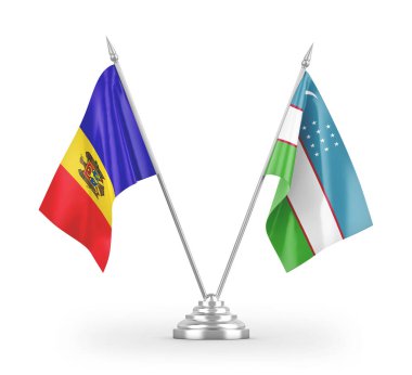 Özbekistan ve Moldova masa bayrakları beyaz arkaplan 3d görüntüleme üzerinde izole edildi