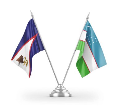 Özbekistan ve Amerikan Samoa masa bayrakları beyaz arkaplanda izole edilmiş 3d görüntüleme