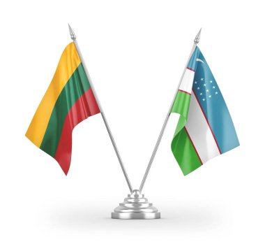 Özbekistan ve Litvanya masa bayrakları beyaz arkaplanda izole edilmiş 3d görüntüleme