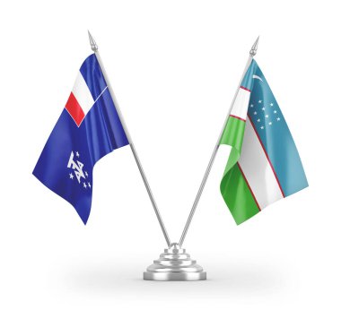 Özbekistan ve Fransa Güney ve Antarktika 'da masa bayrakları beyaz zemin üzerinde izole edilmiş 3d