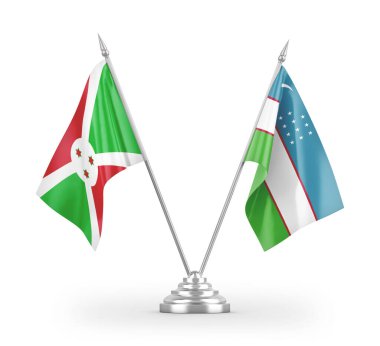Özbekistan ve Burundi masa bayrakları beyaz arkaplan 3d görüntüleme üzerinde izole edildi 