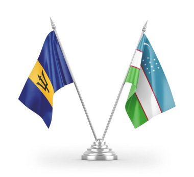 Özbekistan ve Barbados masa bayrakları beyaz arkaplan 3d görüntüleme üzerinde izole 