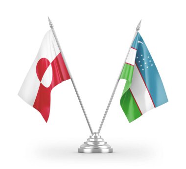 Özbekistan ve Grönland masa bayrakları beyaz arkaplan 3D görüntüleme üzerinde izole edildi