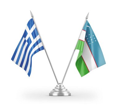 Özbekistan ve Yunanistan masa bayrakları beyaz arkaplan 3d görüntüleme üzerinde izole edilmiş