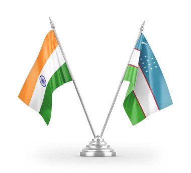 Özbekistan ve Hindistan masa bayrakları beyaz arkaplan 3d görüntüleme üzerinde izole