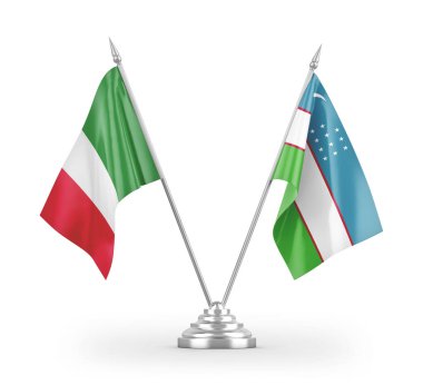 Özbekistan ve İtalya masa bayrakları beyaz arkaplan 3d görüntüleme üzerinde izole edilmiş