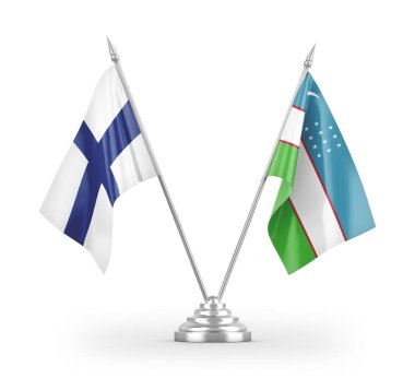 Özbekistan ve Finlandiya bayrakları beyaz arkaplan 3d görüntüleme üzerinde izole edildi