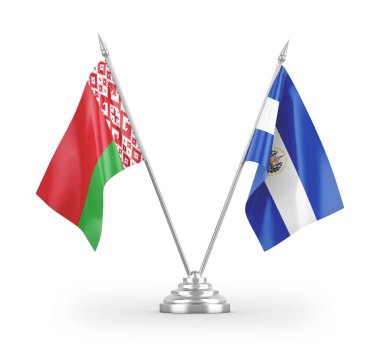 El Salvador ve Belarus masa bayrakları beyaz arka planda izole edilmiş 3D görüntüleme