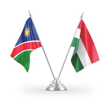 Macaristan ve Namibya masa bayrakları beyaz arkaplanda izole edilmiş 3d görüntüleme