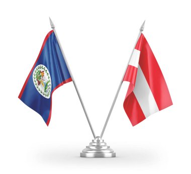 Avusturya ve Belize masa bayrakları beyaz arkaplanda izole edilmiş 3d görüntüleme 