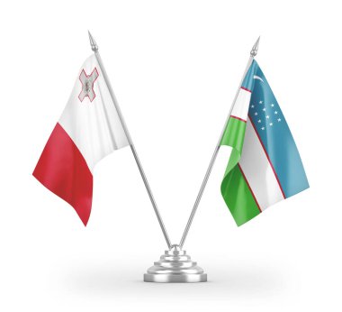 Özbekistan ve Malta masa bayrakları beyaz arkaplan 3d görüntüleme üzerinde izole edildi