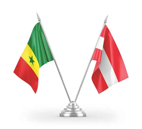 Bandeiras Mesa Áustria Senegal Isoladas Fundo Branco Renderização — Fotografia de Stock
