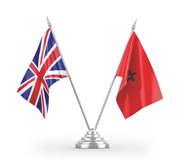 Bandeiras Mesa Marrocos Reino Unido Isoladas Fundo Branco Renderização — Fotografia de Stock