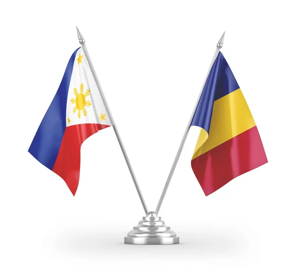 Bandeiras Mesa Romênia Filipinas Isoladas Fundo Branco Renderização — Fotografia de Stock