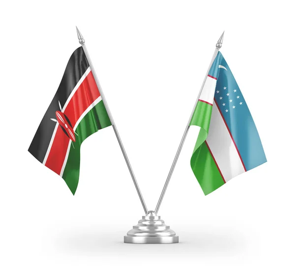 Banderas Mesa Uzbekistán Kenia Aisladas Sobre Fondo Blanco — Foto de Stock