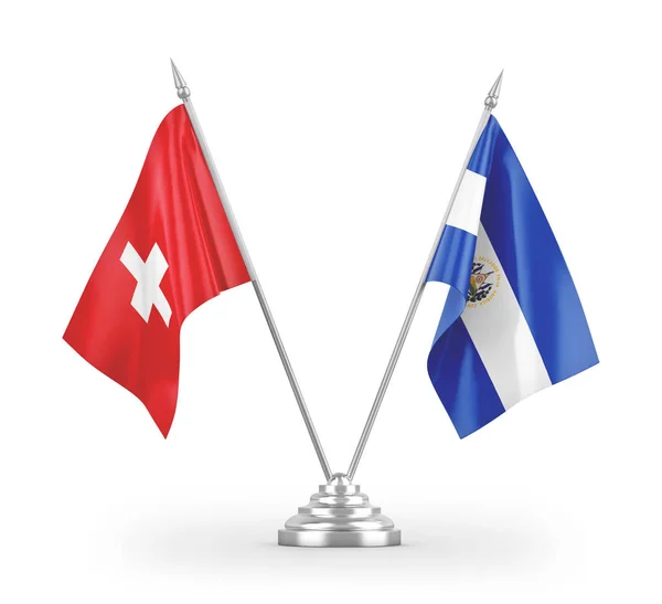 Сальвадор Швейцарські Настільні Прапори Ізольовані Білому Фоні Рендеринга — стокове фото
