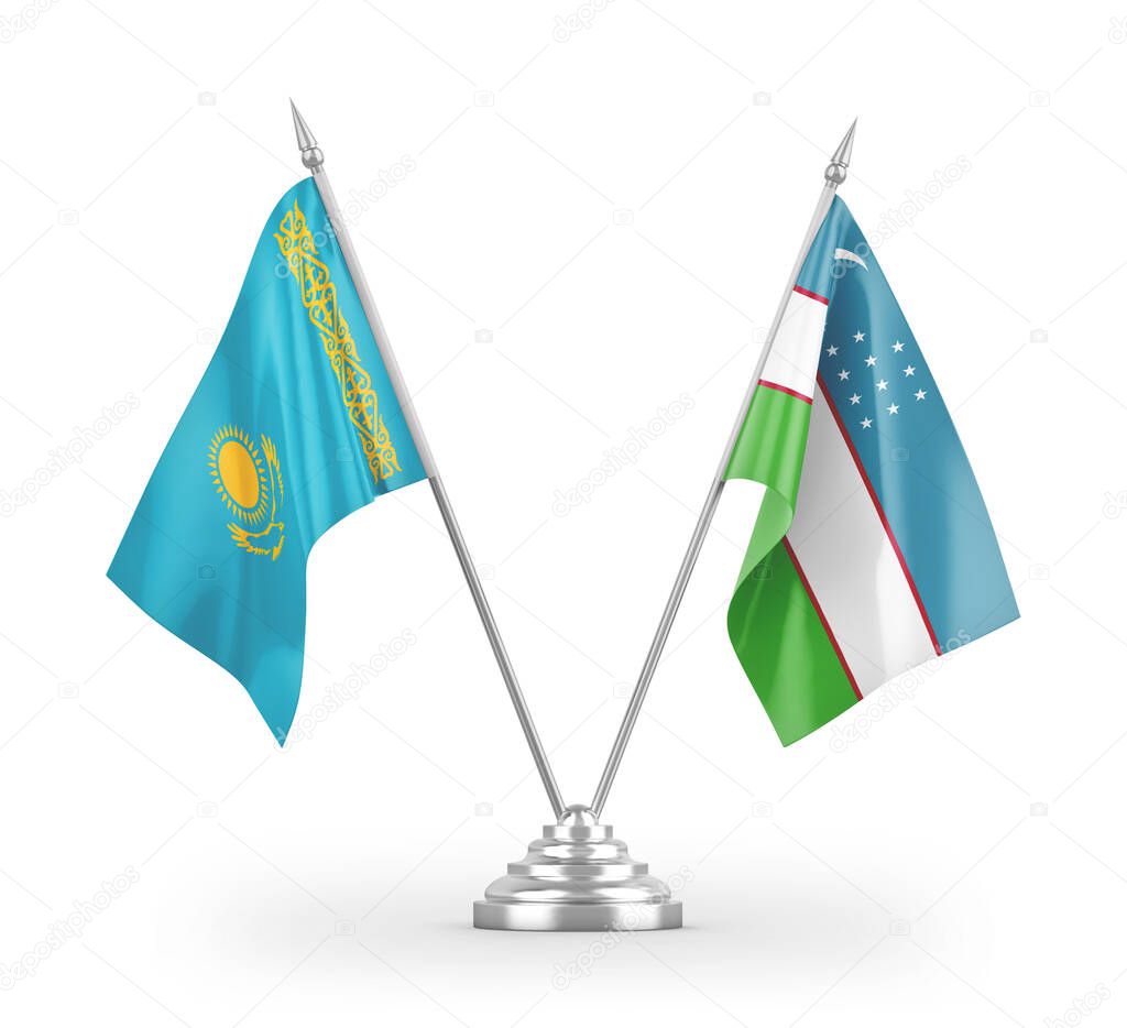 Uzbekistan and Kazakhstan table flags isolated on white background 3D rendering