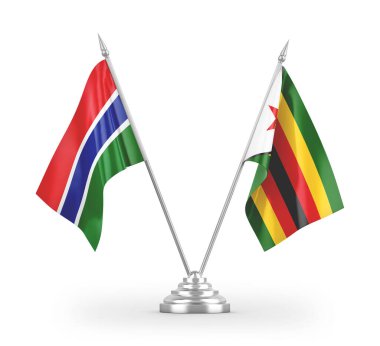 Zimbabwe ve Gambiya masa bayrakları beyaz arkaplanda izole edilmiş 3D görüntüleme