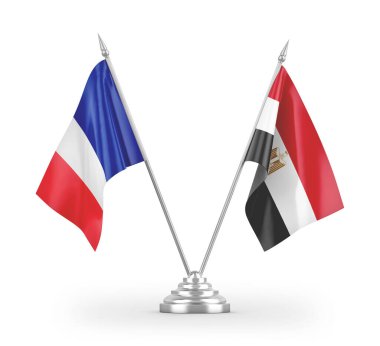Mısır ve Fransa bayrakları beyaz arkaplanda izole edilmiş 3D görüntüleme