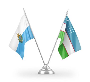 Özbekistan ve San Marino masa bayrakları beyaz arkaplandaki 3D görüntüleme