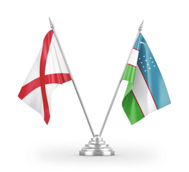 Özbekistan ve Kuzey İrlanda masa bayrakları beyaz arkaplanda izole edilmiş 3D görüntüleme