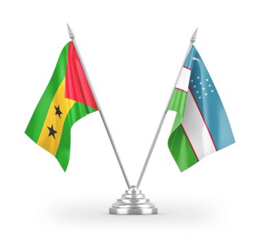 Özbekistan ve Sao Tome ve Principe masa bayrakları beyaz arkaplanda izole edilmiş 3d görüntüleme