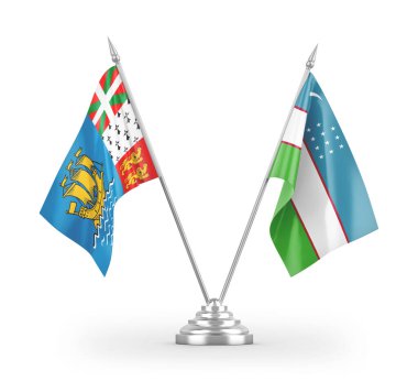 Özbekistan, Saint Pierre ve Miquelon masa bayrakları beyaz zemin üzerinde izole edilmiş 3d