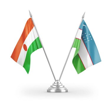 Özbekistan ve Nijer bayrakları beyaz arkaplan 3d görüntüleme üzerinde izole edildi