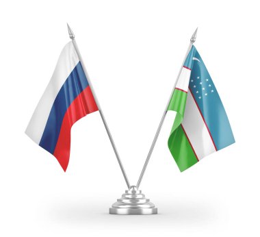 Özbekistan ve Rusya masa bayrakları beyaz arkaplan 3D görüntüleme üzerinde izole edildi