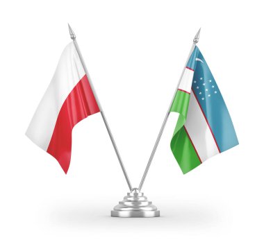 Özbekistan ve Polonya masa bayrakları beyaz arkaplan 3D görüntüleme üzerinde izole edildi