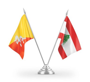 Lübnan ve Bhutan masa bayrakları beyaz arkaplanda izole edilmiş 3d görüntüleme 