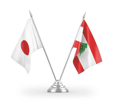Lübnan ve Japonya masa bayrakları beyaz zemin üzerinde izole edilmiş 3D görüntüleme
