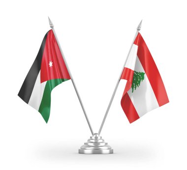 Lübnan ve Ürdün masa bayrakları beyaz arkaplanda izole edilmiş 3D görüntüleme