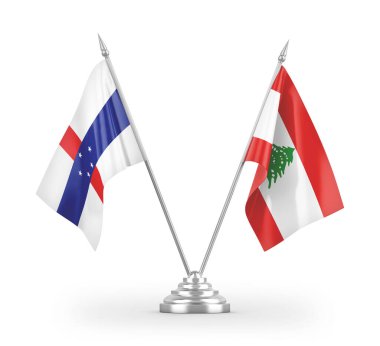 Lübnan ve Hollanda Antiller masa bayrakları beyaz arkaplanda izole edilmiş 3d görüntüleme