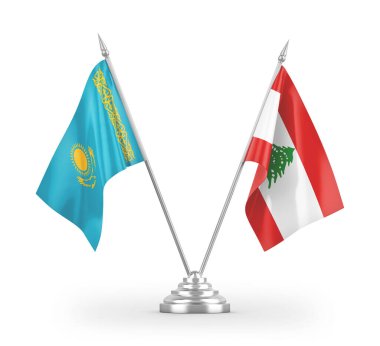 Lübnan ve Kazakistan masa bayrakları beyaz arkaplanda izole edilmiş 3d görüntüleme