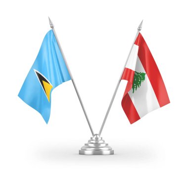 Lübnan ve Saint Lucia masa bayrakları beyaz arka planda izole edilmiş 3D görüntüleme