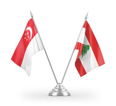 Lübnan ve Singapur masa bayrakları beyaz arkaplanda 3 boyutlu görüntüleme
