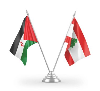 Lübnan ve Batı Sahra masa bayrakları beyaz zemin üzerinde izole edilmiş 3D görüntüleme