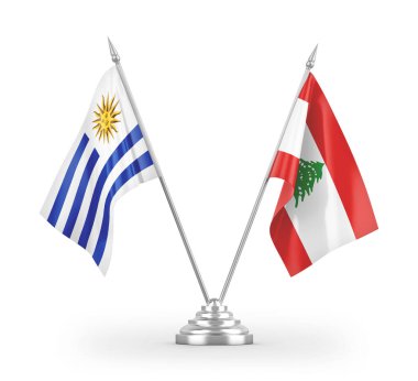 Lübnan ve Uruguay masa bayrakları beyaz arkaplanda izole edilmiş 3d görüntüleme
