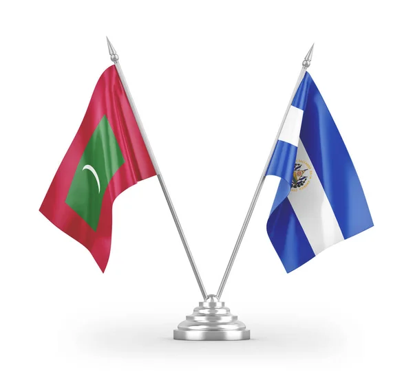 Salvador Und Malediven Tischfahnen Isoliert Auf Weißem Hintergrund Rendering — Stockfoto